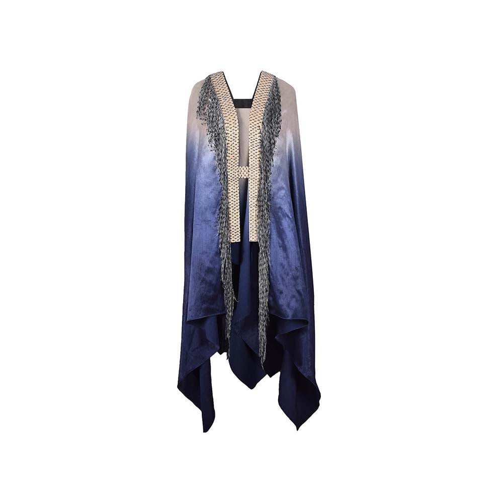 AKHL Blue Textured Satin Cape with Attached Belt