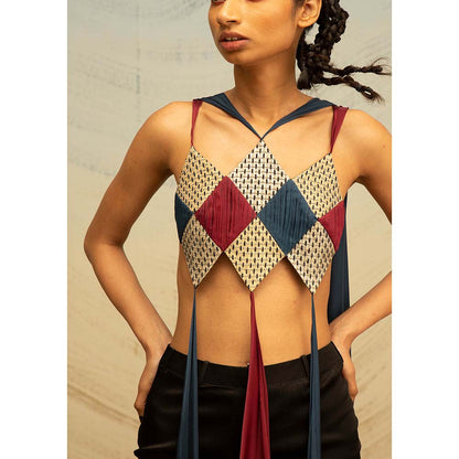 AKHL Multi-Colour Handwoven Structured Crop Top