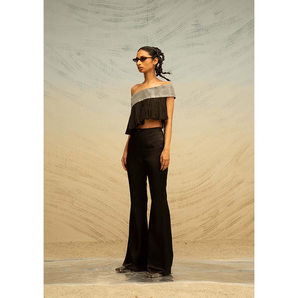 AKHL Black Grecian Crop Top with Organza Fall Drapes