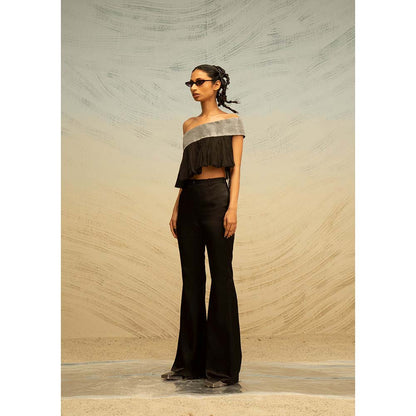 AKHL Black Grecian Crop Top with Organza Fall Drapes