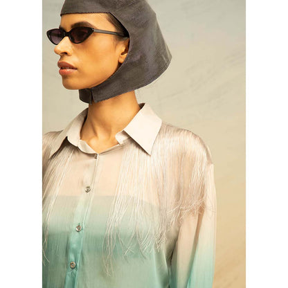 AKHL Turquoise Silk Chiffon Shirt with Glass Fringes