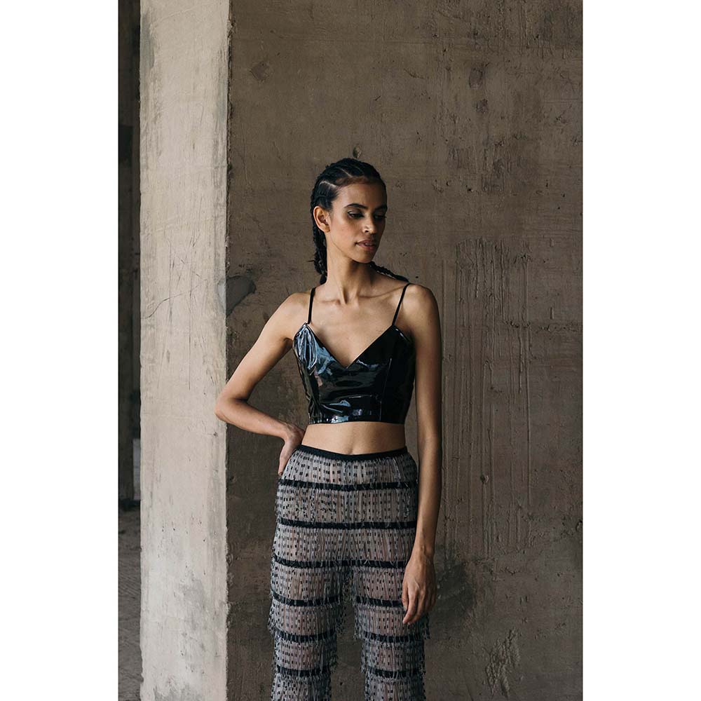 AKHL Black Angular Leather Crop Top