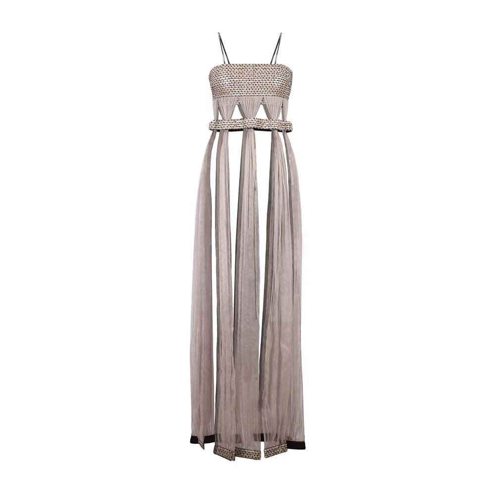 AKHL Grey Grecian Top with Organza Fall Drapes and Attached Belt