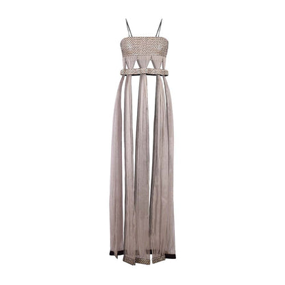 AKHL Grey Grecian Top with Organza Fall Drapes and Attached Belt