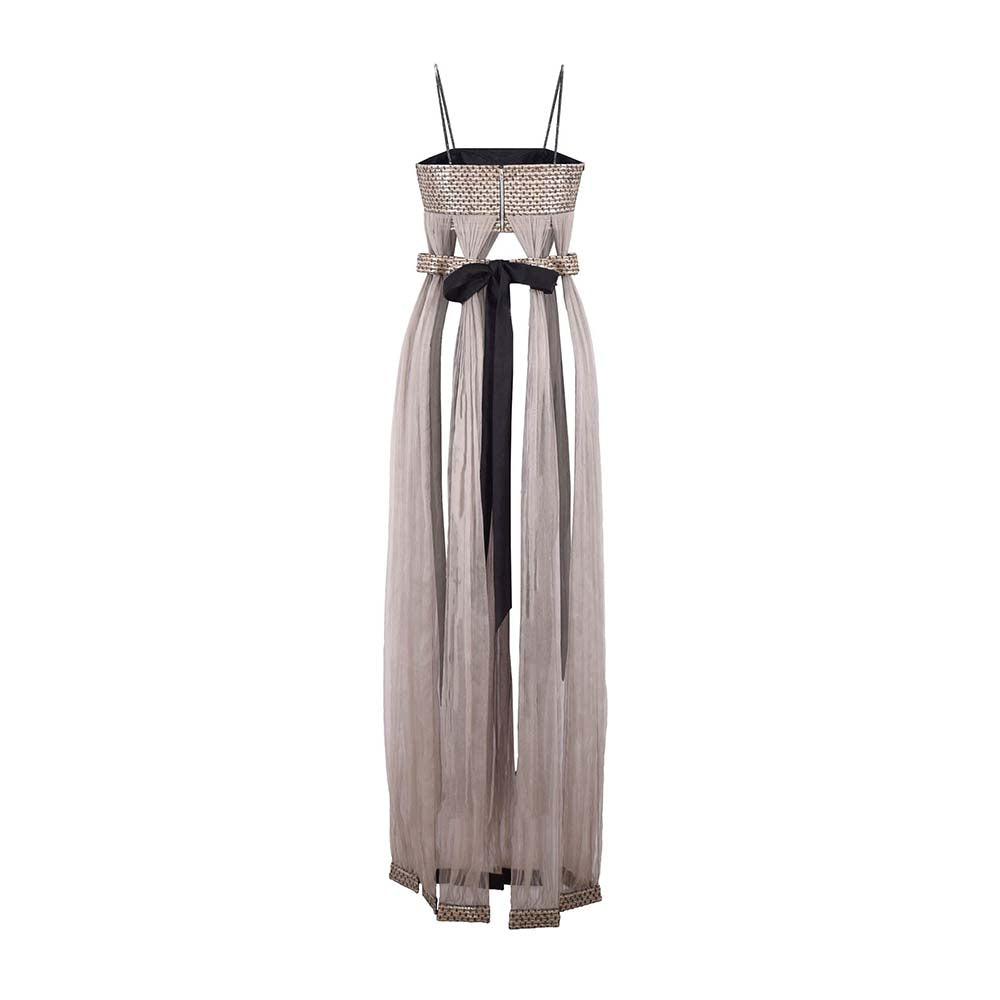 AKHL Grey Grecian Top with Organza Fall Drapes and Attached Belt