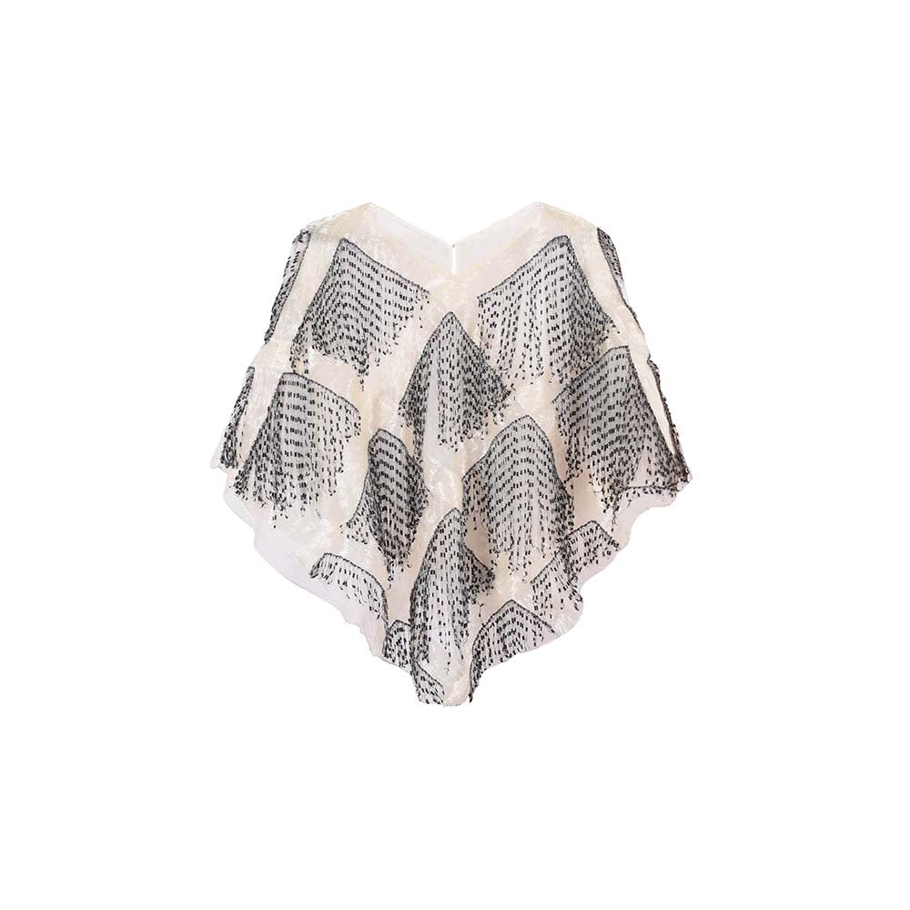 AKHL Ivory Embroidered Glass and Fringes Poncho