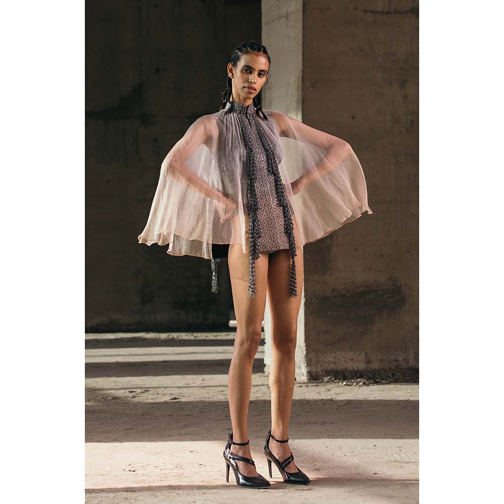 AKHL Pink Hand Embroidered Silk Organza Cape
