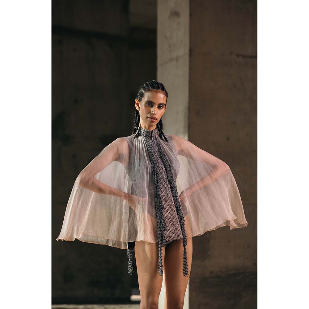 AKHL Pink Hand Embroidered Silk Organza Cape