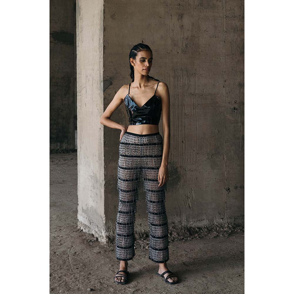 AKHL Grey Gathered Organza Fringed Pant