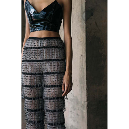 AKHL Grey Gathered Organza Fringed Pant