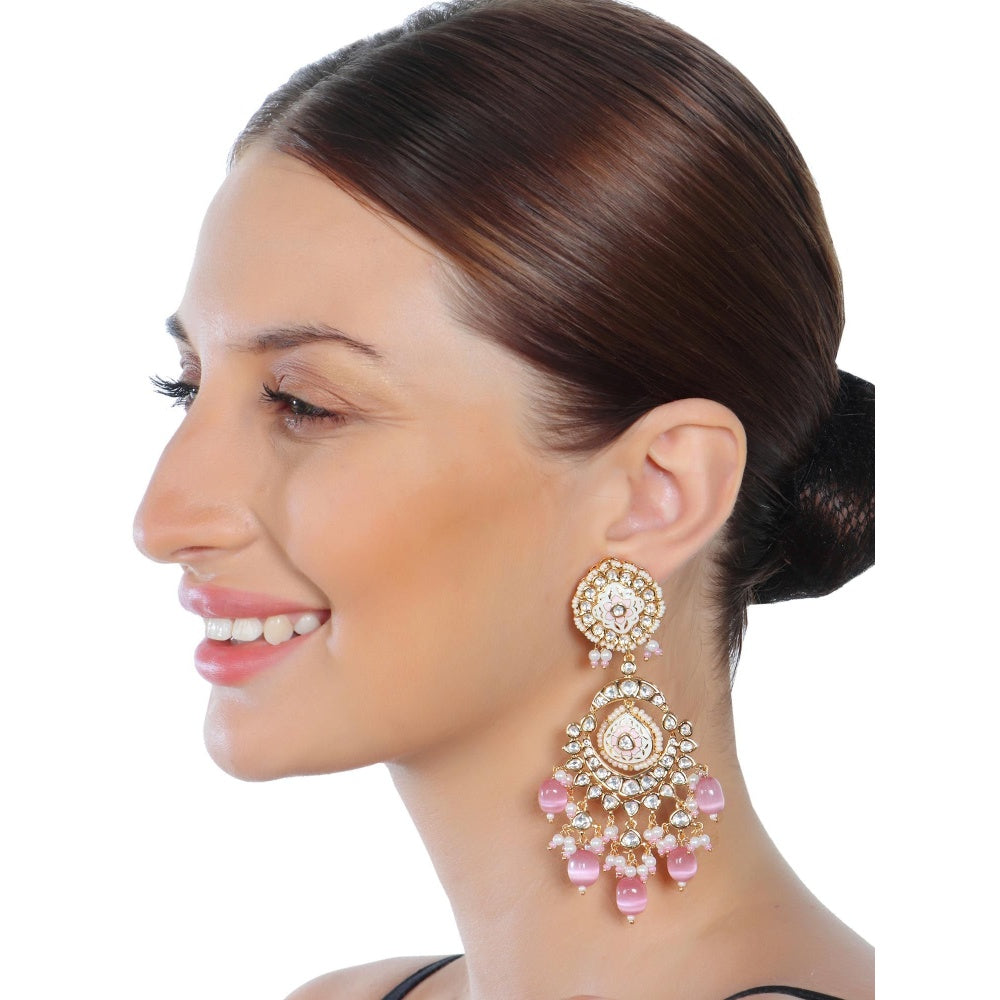 Akulya Jewels Pink and White Kundan Meenkari Danglers with Beads