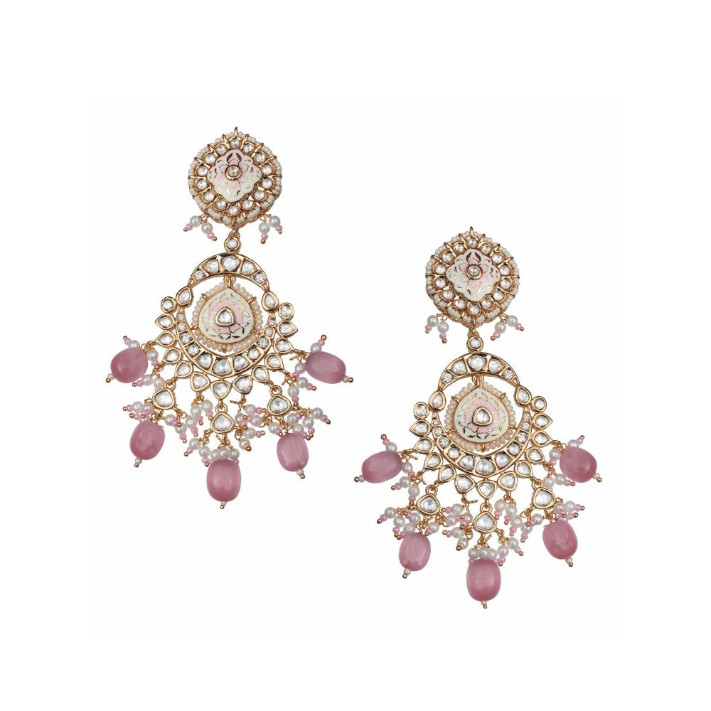 Akulya Jewels Pink and White Kundan Meenkari Danglers with Beads
