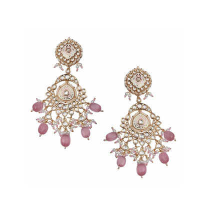 Akulya Jewels Pink and White Kundan Meenkari Danglers with Beads