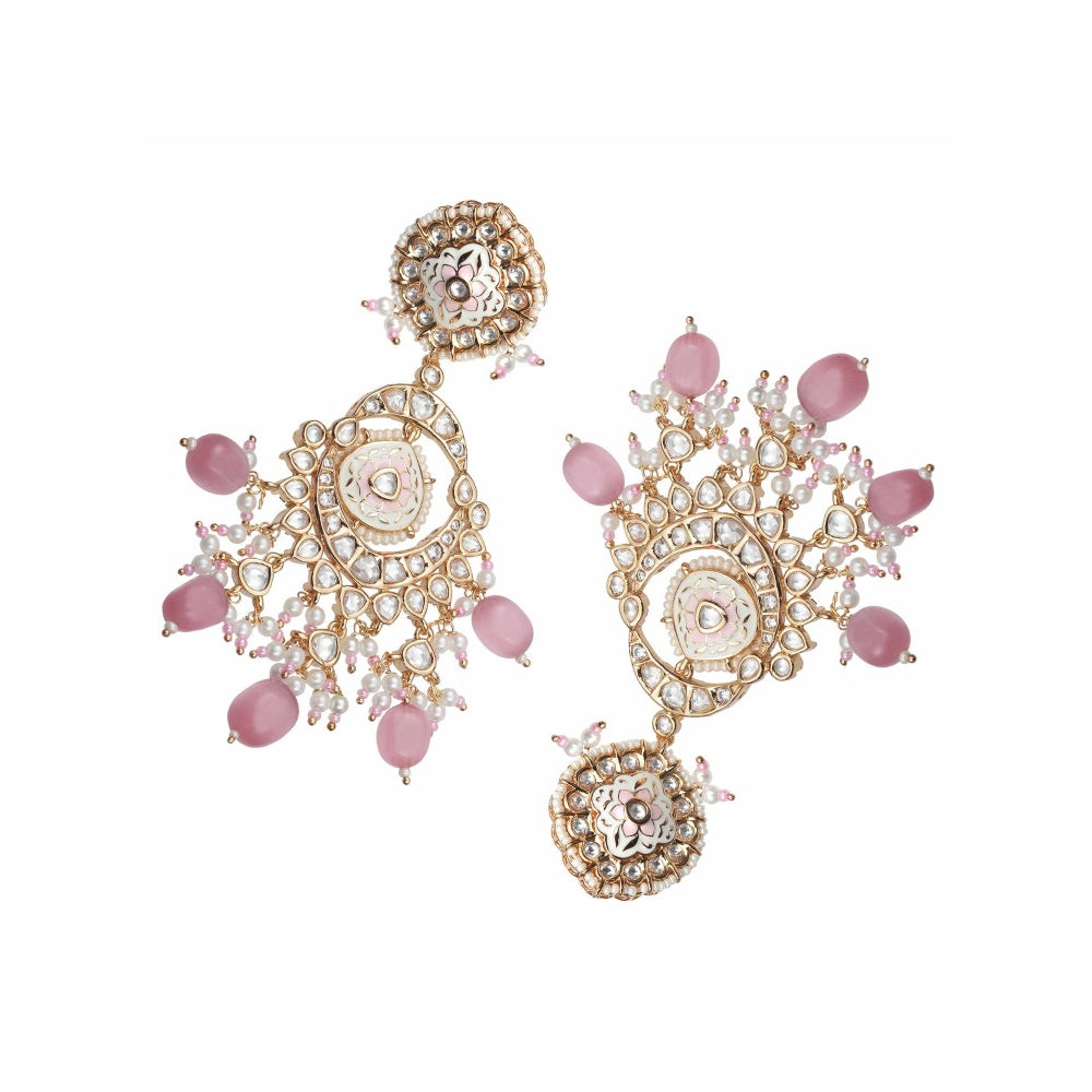 Akulya Jewels Pink and White Kundan Meenkari Danglers with Beads