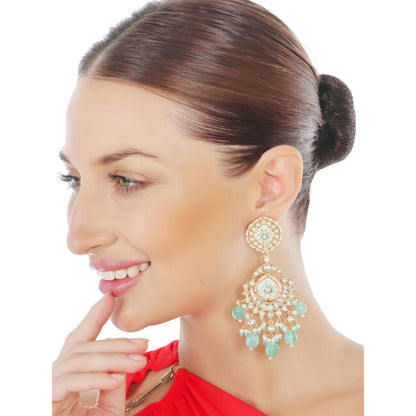 Akulya Jewels Mint Green and White Kundan Meenkari Danglers with Beads