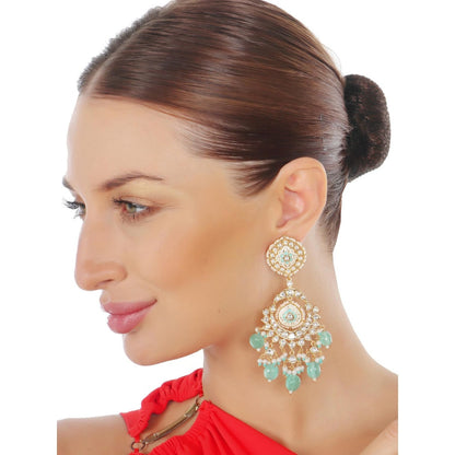 Akulya Jewels Mint Green and White Kundan Meenkari Danglers with Beads