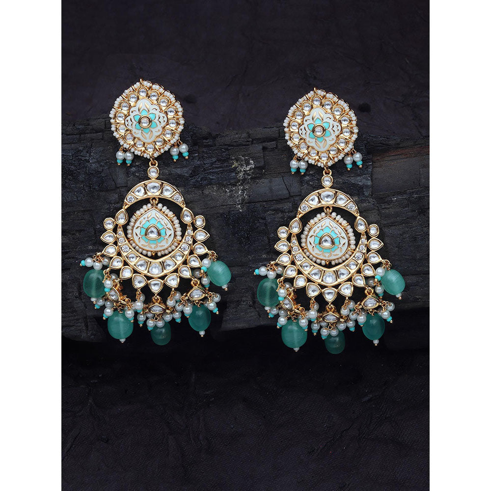 Akulya Jewels Mint Green and White Kundan Meenkari Danglers with Beads