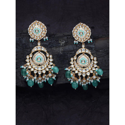 Akulya Jewels Mint Green and White Kundan Meenkari Danglers with Beads