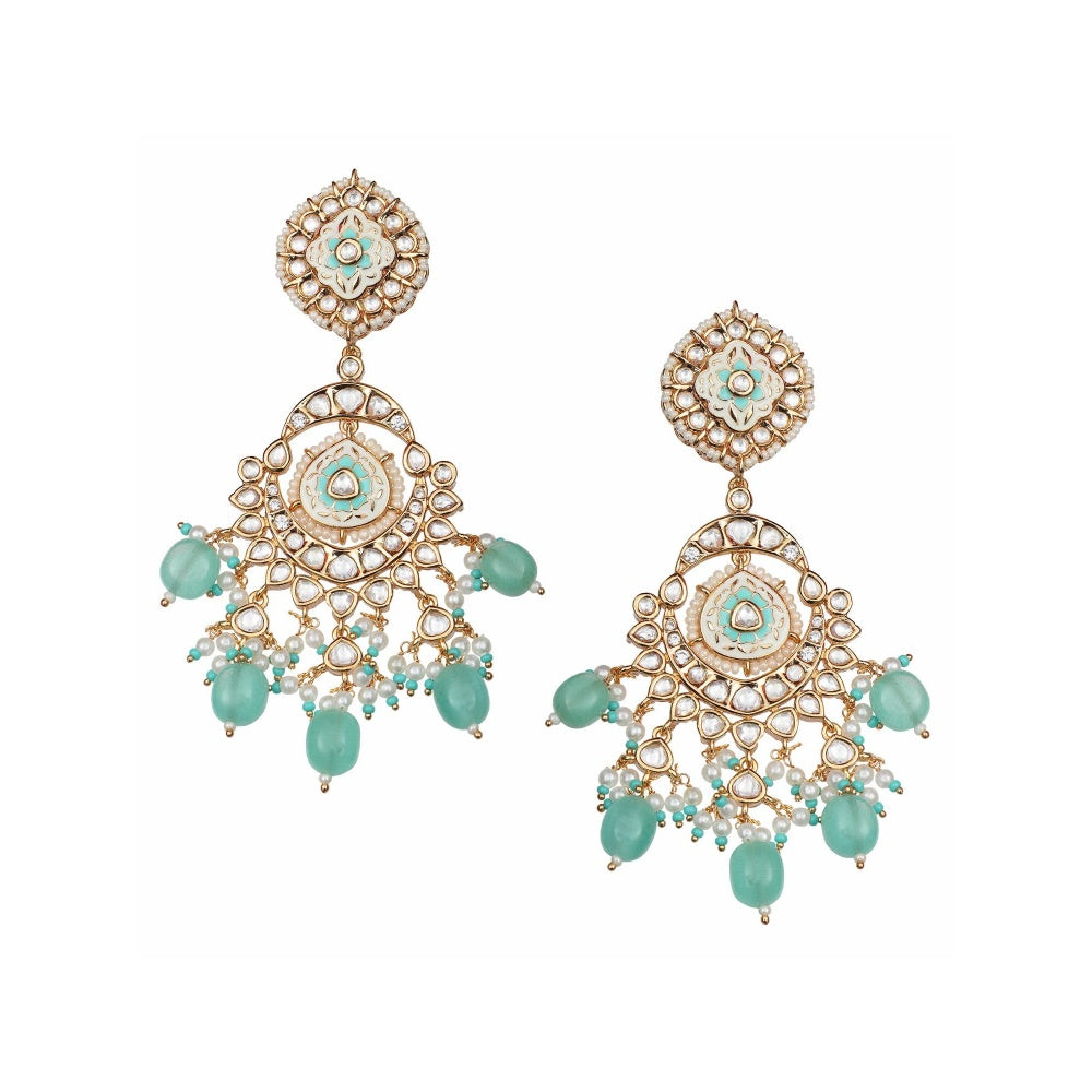Akulya Jewels Mint Green and White Kundan Meenkari Danglers with Beads