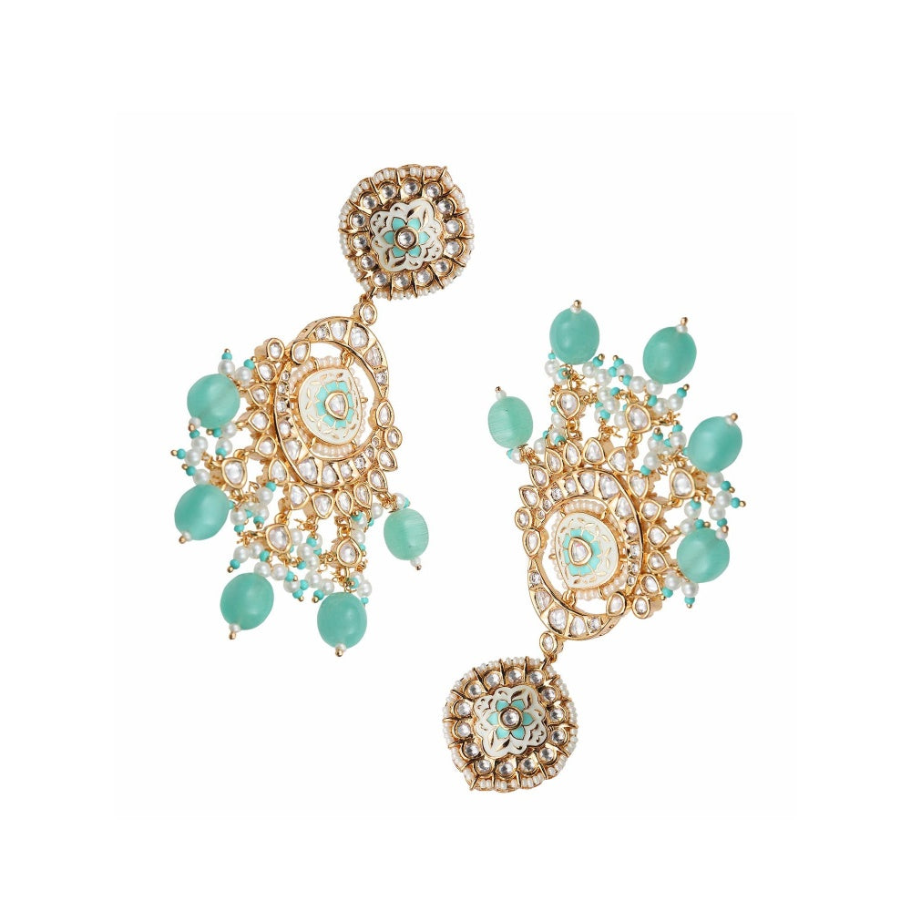 Akulya Jewels Mint Green and White Kundan Meenkari Danglers with Beads