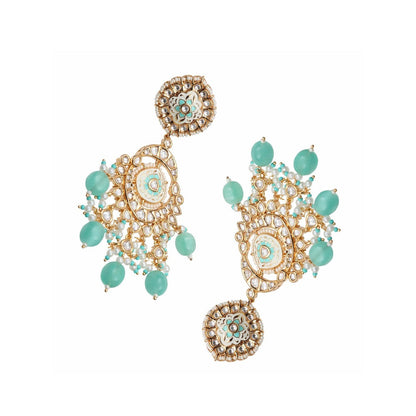 Akulya Jewels Mint Green and White Kundan Meenkari Danglers with Beads