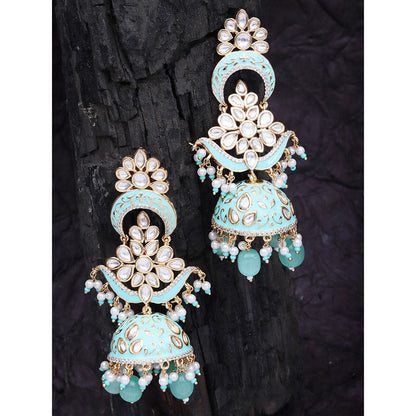 Akulya Jewels Mint Green Minakari Kundan Jhumkas