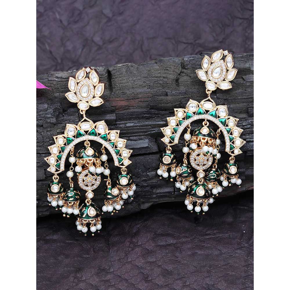 Akulya Jewels Gold Finish Green Minakari Kundan Chandbalis