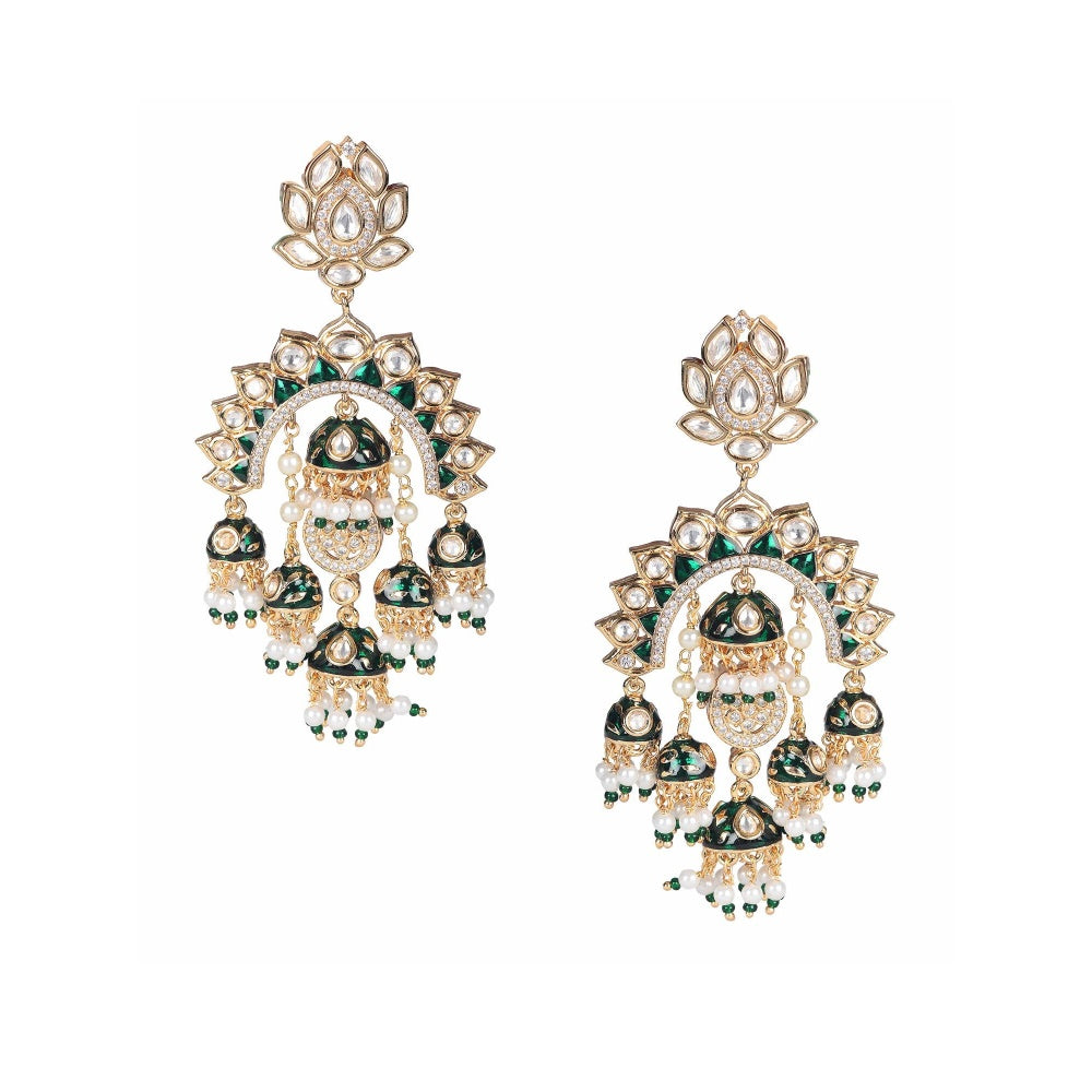 Akulya Jewels Gold Finish Green Minakari Kundan Chandbalis