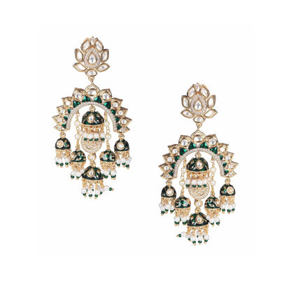Akulya Jewels Gold Finish Green Minakari Kundan Chandbalis