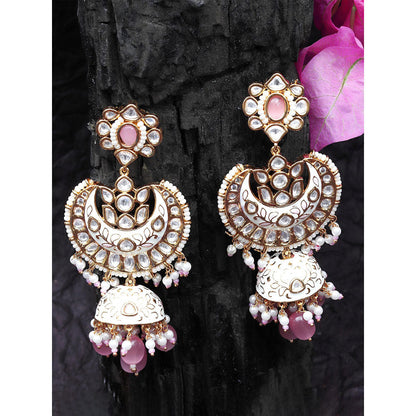 Akulya Jewels Pink and White Minakari Kundan Chandbalis