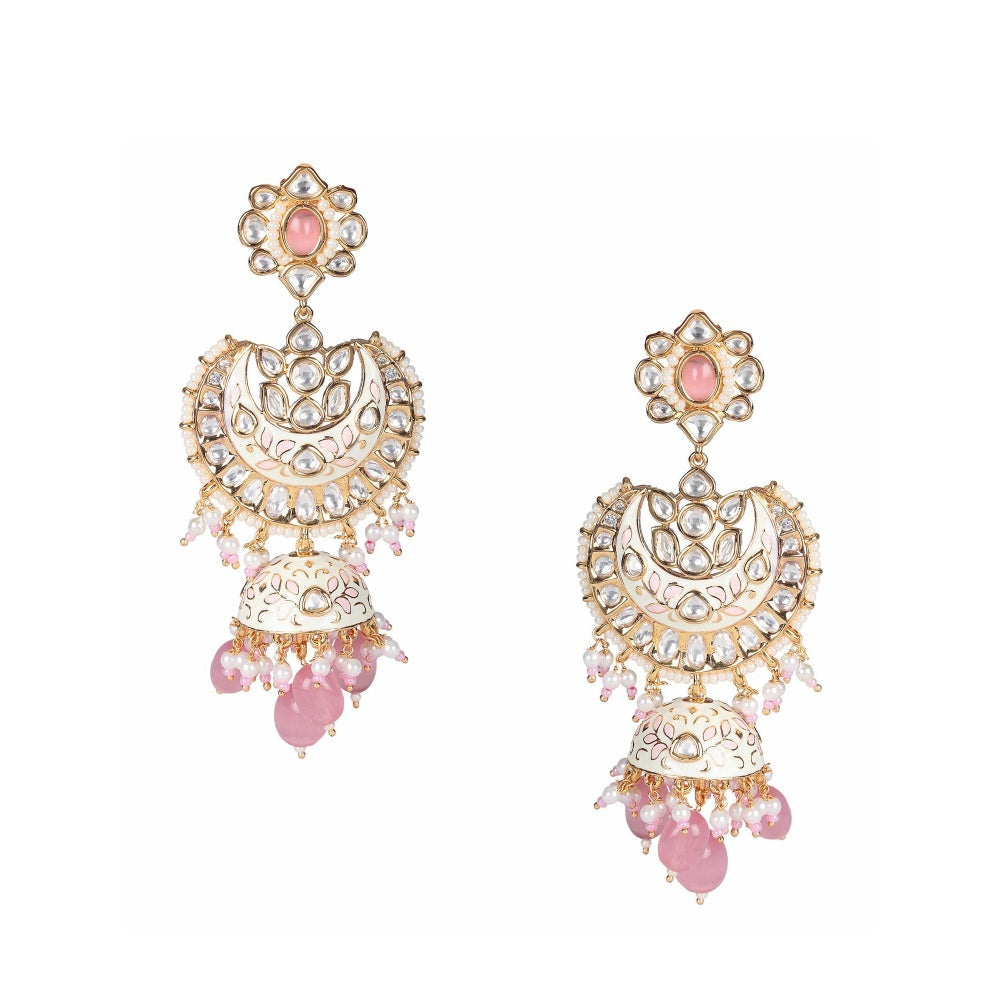 Akulya Jewels Pink and White Minakari Kundan Chandbalis