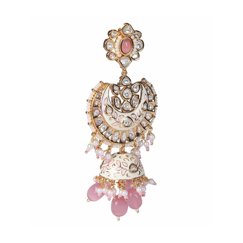 Akulya Jewels Pink and White Minakari Kundan Chandbalis