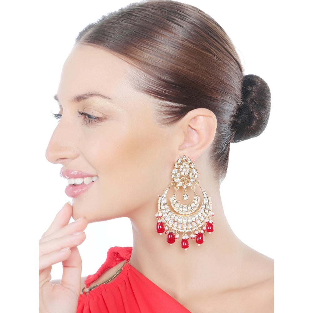 Akulya Jewels Gold Finish Kundan and Polki Red Chandbalis