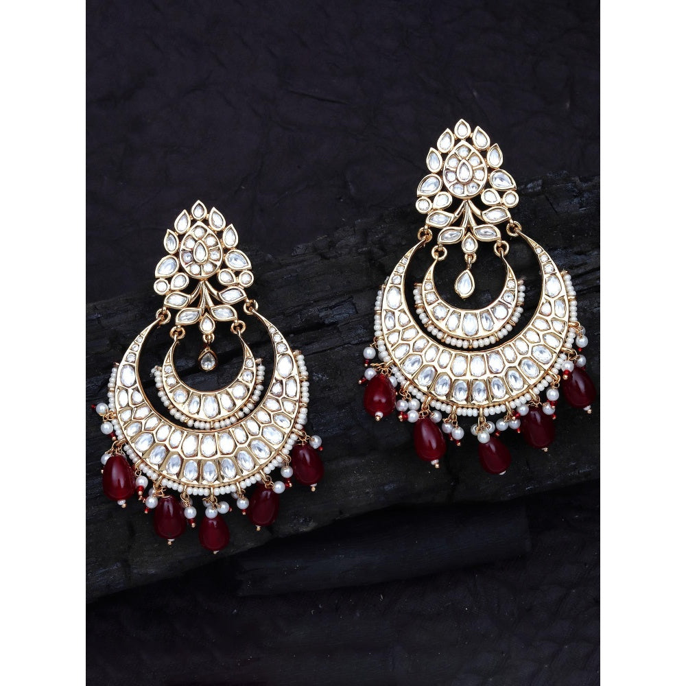 Akulya Jewels Gold Finish Kundan and Polki Red Chandbalis