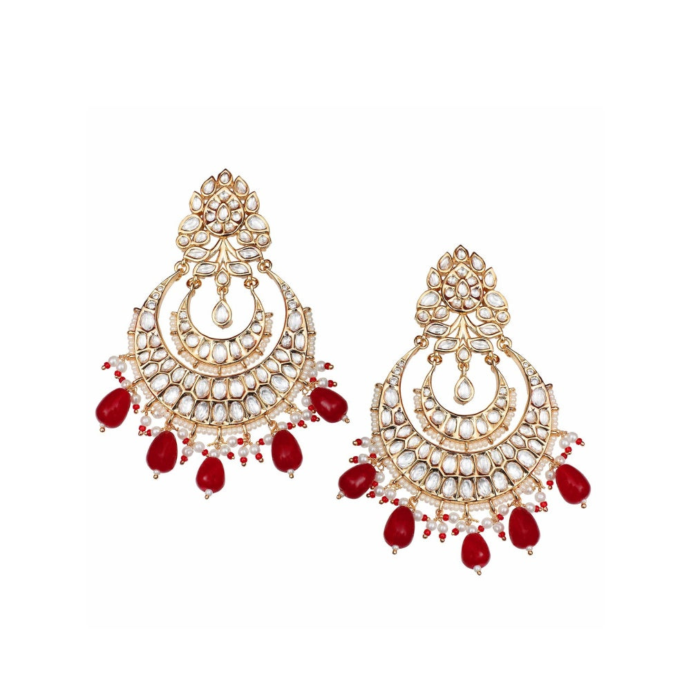Akulya Jewels Gold Finish Kundan and Polki Red Chandbalis