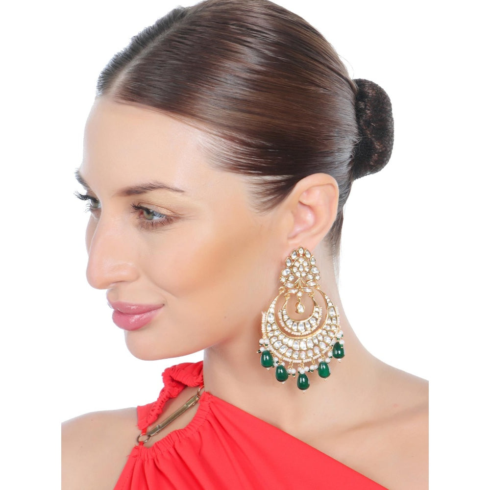 Akulya Jewels Gold Finish Kundan and Polki Green Chandbalis