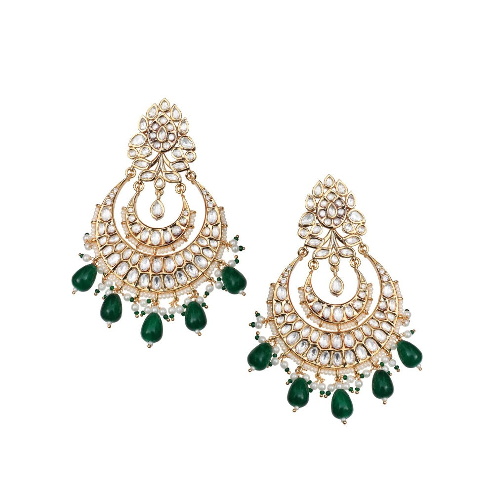 Akulya Jewels Gold Finish Kundan and Polki Green Chandbalis