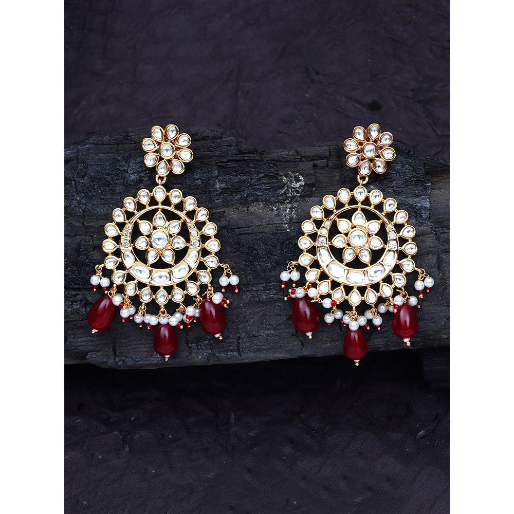 Akulya Jewels Gold Finish Kundan Red Bead Chandbalis