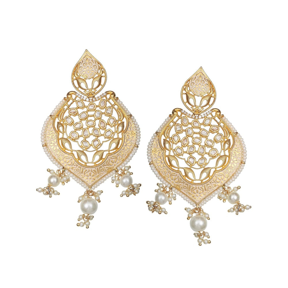 Akulya Jewels Gold Finished Brass Danglers with Antique Minakari and Kundan Work