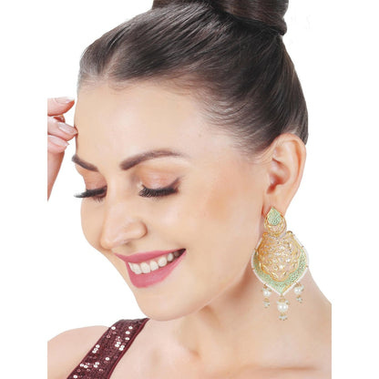 Akulya Jewels Gold Finished Mint Green Brass Danglers with Antique Minakari and Kundan Work