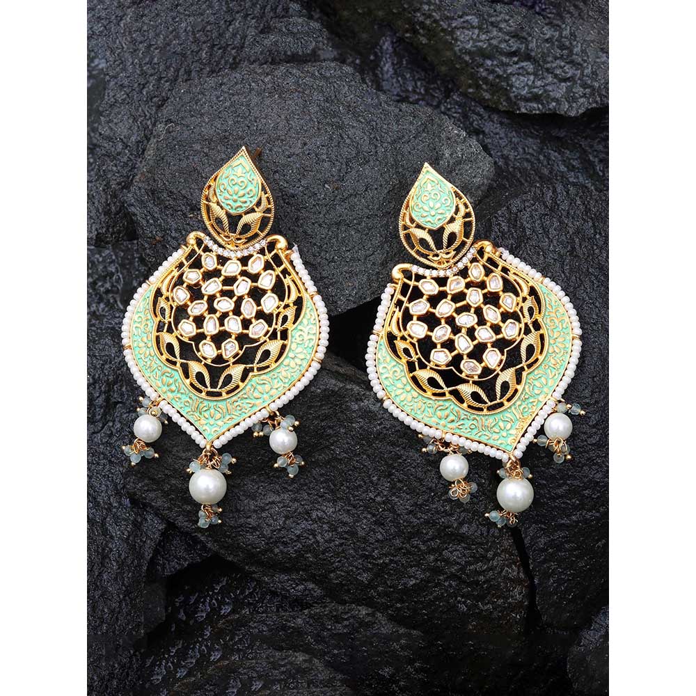 Akulya Jewels Gold Finished Mint Green Brass Danglers with Antique Minakari and Kundan Work