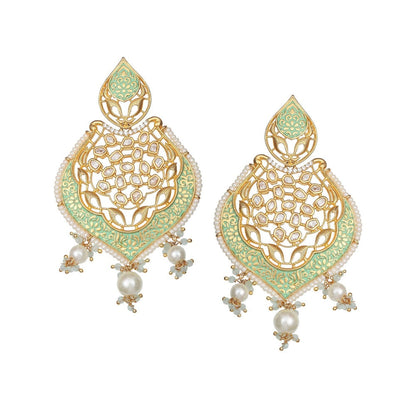 Akulya Jewels Gold Finished Mint Green Brass Danglers with Antique Minakari and Kundan Work