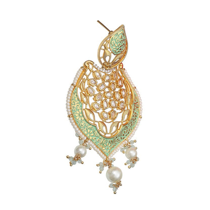 Akulya Jewels Gold Finished Mint Green Brass Danglers with Antique Minakari and Kundan Work