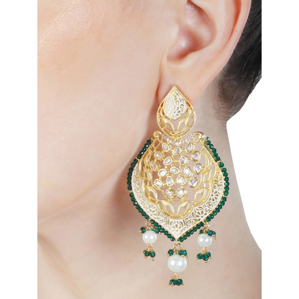 Akulya Jewels Gold Finished Dark Green Brass Danglers with Antique Minakari and Kundan Work