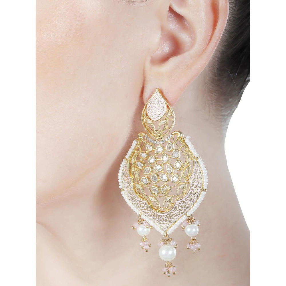 Akulya Jewels Gold Finished Pink Brass Danglers with Antique Minakari and Kundan Work