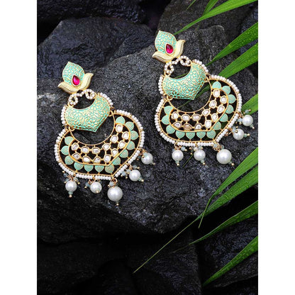 Akulya Jewels Mint Green Minakari Kundan Chandbali with Delicate Faux Diamonds and White Beads.