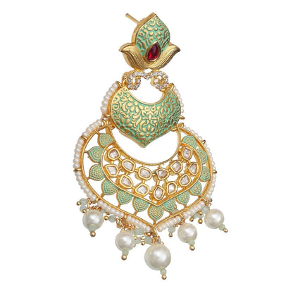 Akulya Jewels Mint Green Minakari Kundan Chandbali with Delicate Faux Diamonds and White Beads.