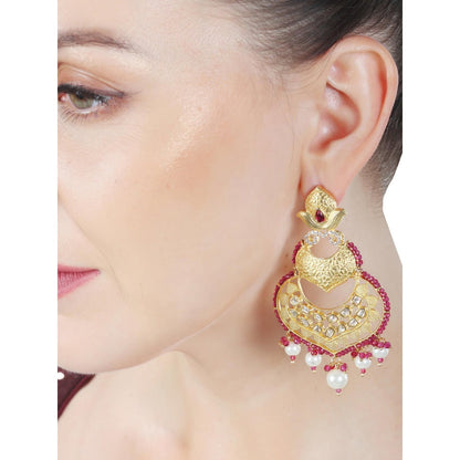Akulya Jewels Kundan with Faux Diamonds Chandbali Red and White Beads.