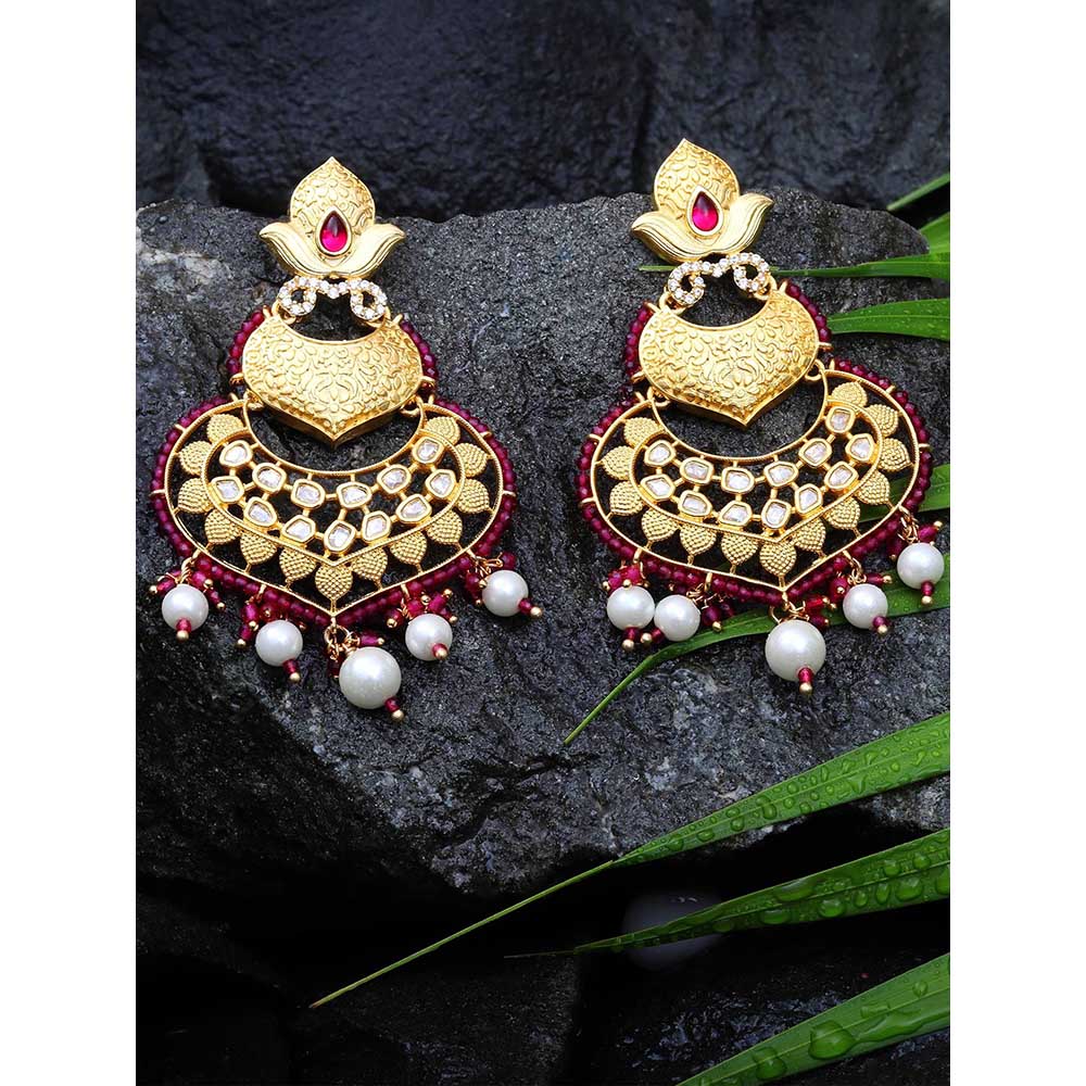 Akulya Jewels Kundan with Faux Diamonds Chandbali Red and White Beads.