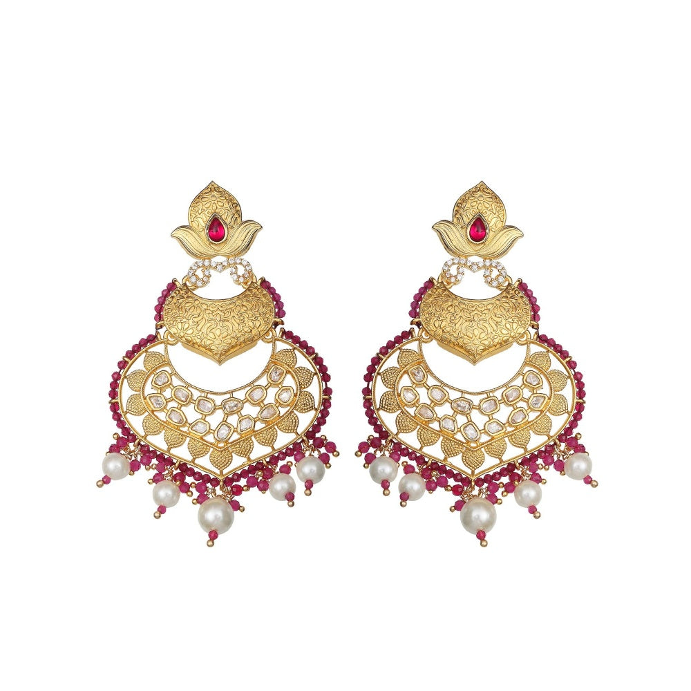 Akulya Jewels Kundan with Faux Diamonds Chandbali Red and White Beads.